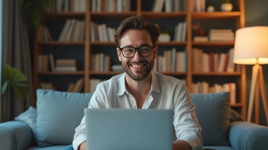 Satisfied client sharing testimonial via video call, cozy living room, photorealistic, soft blue palette