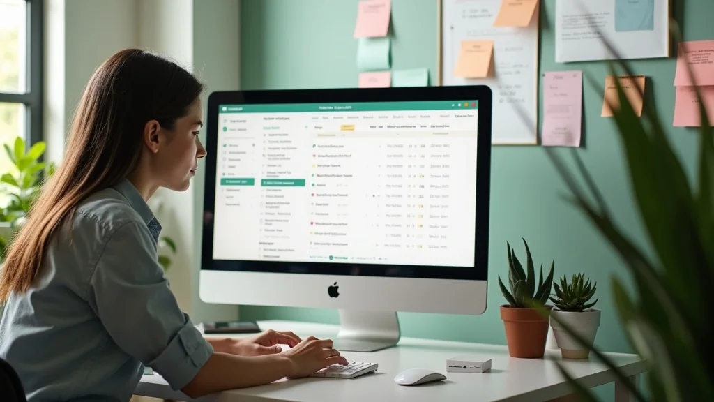 Digital marketer scheduling an email campaign on desktop in minimalist office, photorealistic, green and gray palette