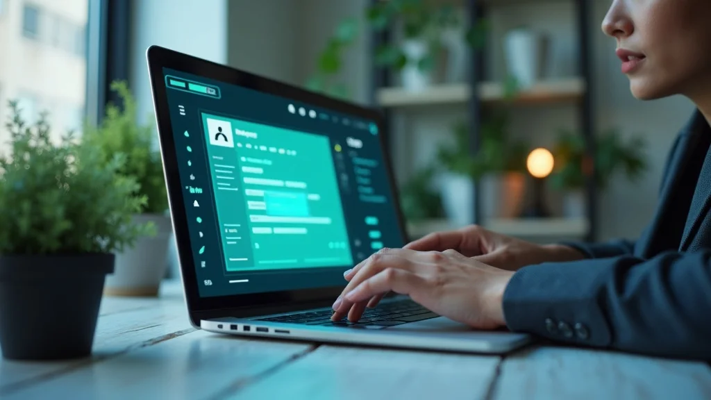 Business professional using a vibrant online lead generation form on a laptop in a home office, photorealistic, blue and green tones