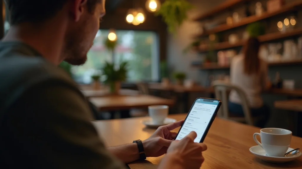 Website visitor completing sleek lead capture form on smartphone in modern coffee shop, photorealistic, warm tones