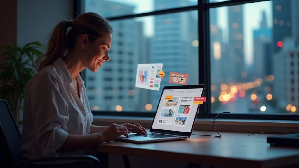 Marketer posting engaging content to multiple social media platforms using a laptop, urban coworking space, photorealistic, bold brand colors