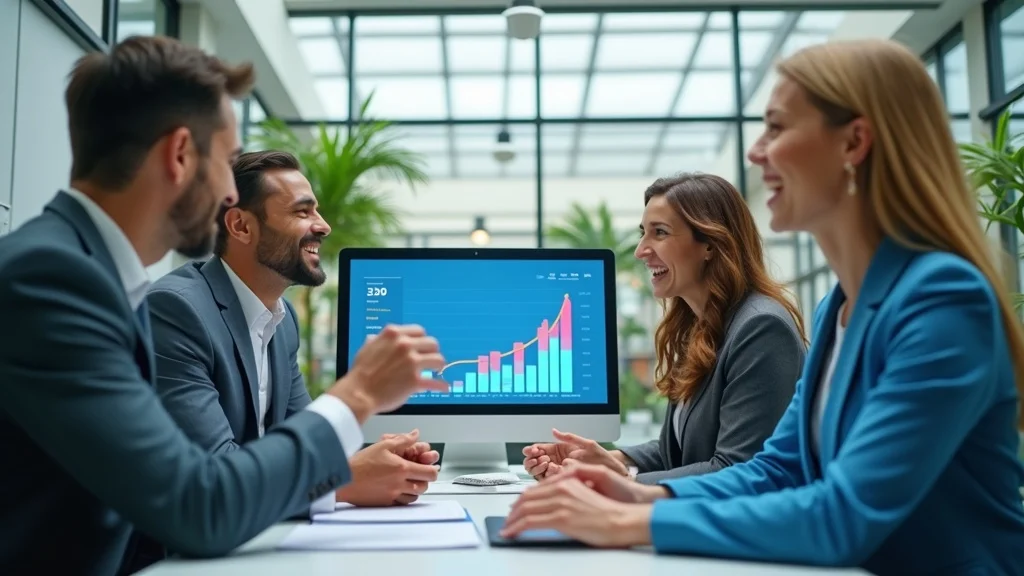 Business team celebrating positive growth in online sentiment, demonstrated by graphs on a computer screen in a modern office setting.