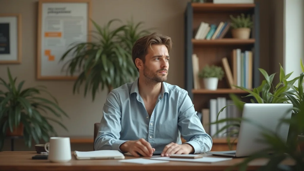 Small business owner concerned with digital reputation, surrounded by laptops and phones with online notifications and open tabs, in a cozy, plant-filled office.