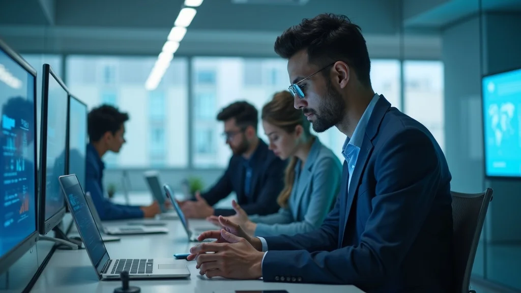 Modern business professionals reviewing online analytics for digital reputation management in a bright office setting with digital displays and glass walls.