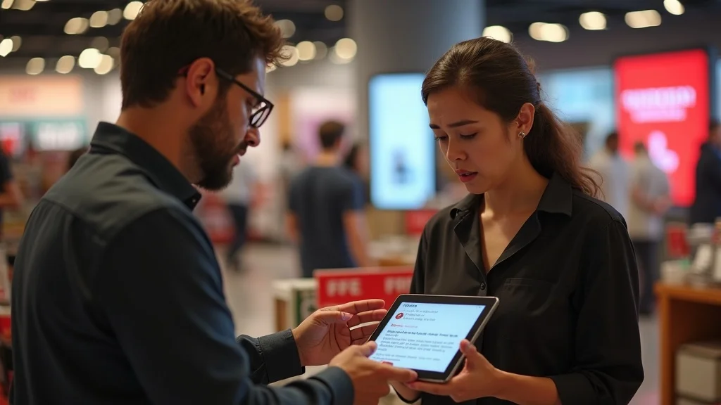 Frustrated customer shows negative review on tablet to staff at a retail checkout—capturing the impact of negative online reviews in a real-world setting.