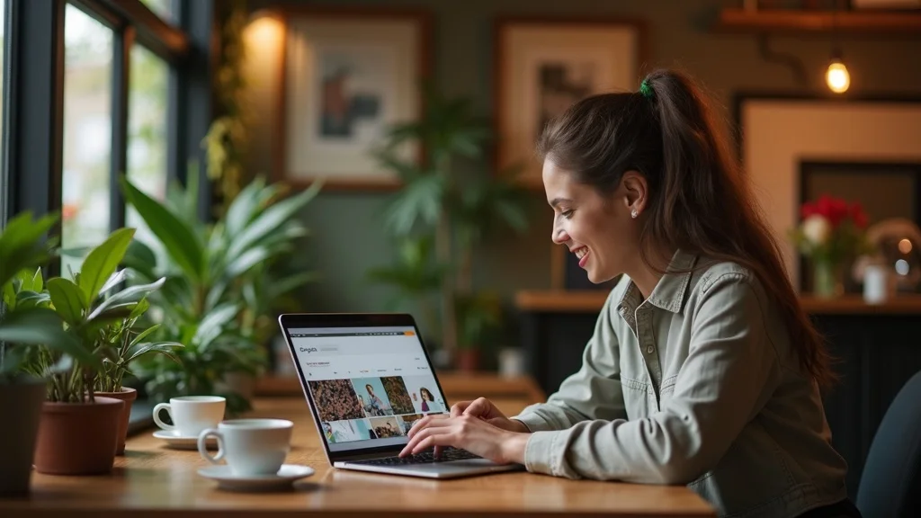 Entrepreneur uploading new media to google business profile as a local seo tactic in a vibrant café setting