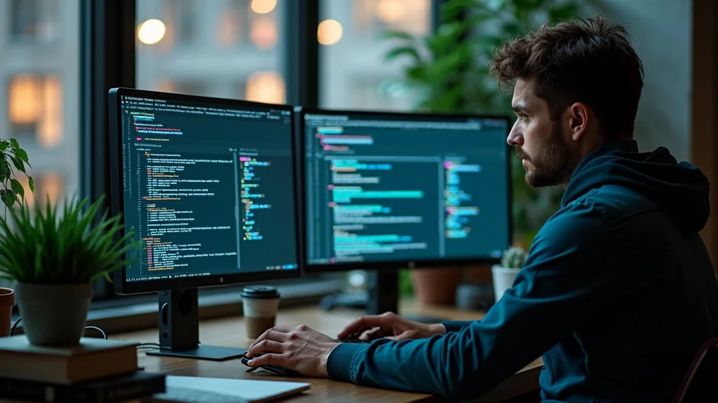 Web developer optimizing website with local seo schema markup and interactive maps in an urban coworking space