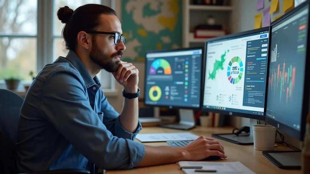 Modern digital strategist researching local keywords and local seo tactics in a home office, colorful analytics on computer screens, SEO books and maps in background