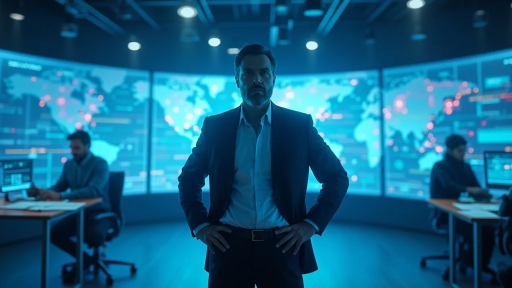 Digital business leader at the center of connected screens and media icons, demonstrating media site influence and authority, styled photorealistic in a high-tech digital newsroom.