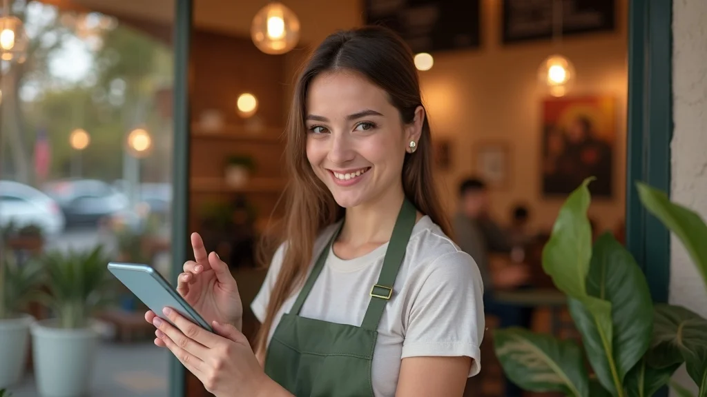 Confident small business owner optimizing their google business profile for local seo tactics in a bright storefront