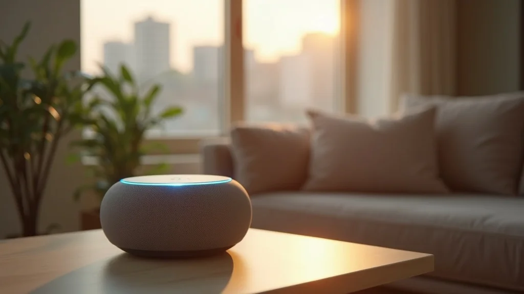 Modern smart speaker answering local search question, showing household use of local seo tactics for voice ai