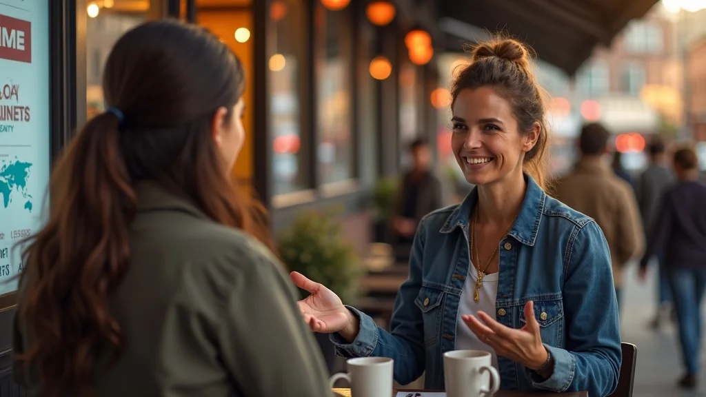 Local business owner interviewed by digital signage with their brand, embodying local authority and media site leadership, photorealistic community setting.