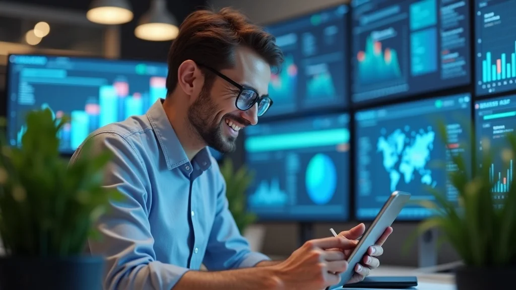 Modern marketer happy at work using digital analytics, demonstrating the power of updated marketing strategies