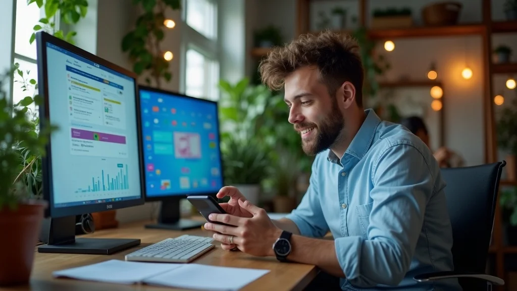 Enthusiastic social media manager scheduling posts and tracking analytics for a successful social media marketing campaign.