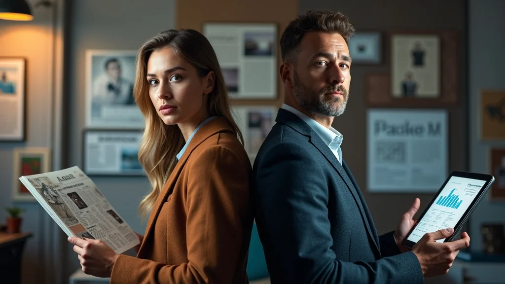 Marketer comparing traditional media marketing and digital marketing in a split environment, contrasting vintage and high-tech tools.