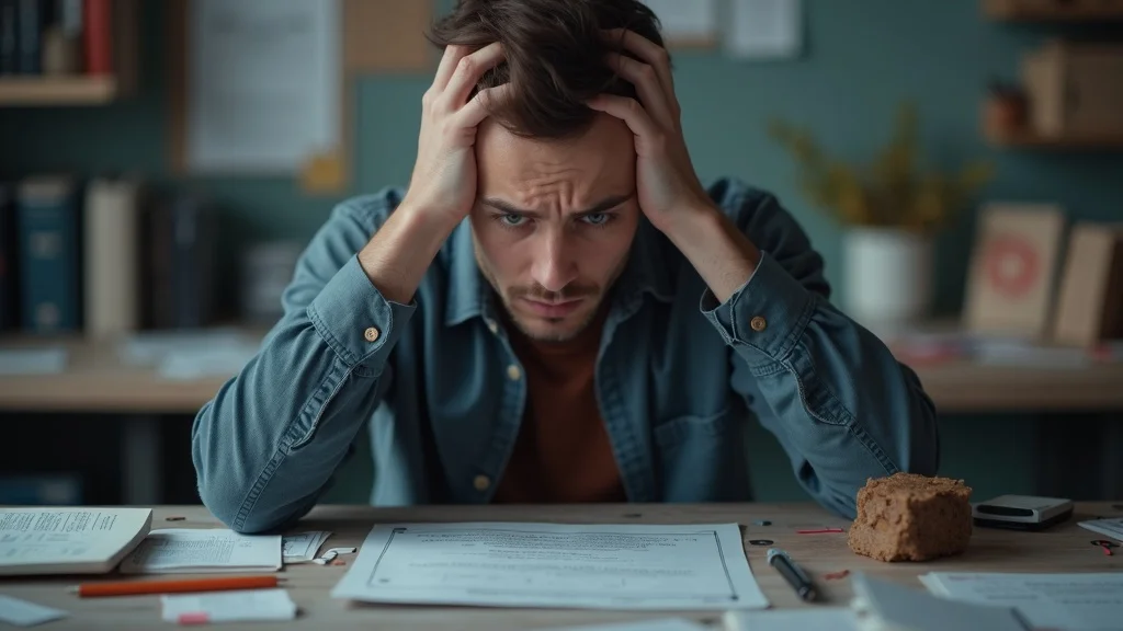 Concerned marketer realizing a missed opportunity in a cluttered office, highlighting common marketing pitfalls.