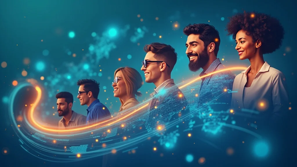 Illustration of diverse customers engaging with digital touchpoints at different stages of their journey.