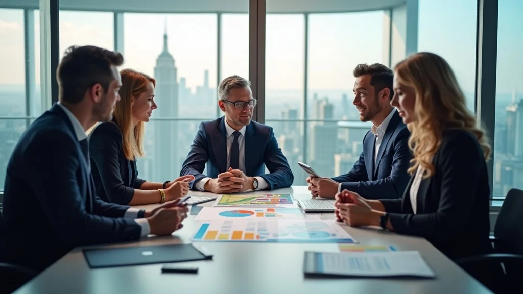 Business team strategizing the best marketing methods using digital marketing charts and analytics, with a city skyline in the background.