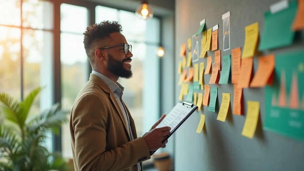 Small business owner planning marketing methods, analyzing colorful digital strategy charts for business growth.